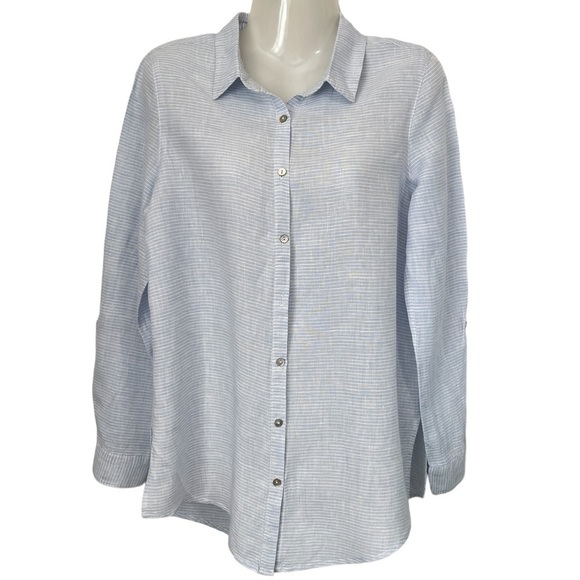 St. Tropez West 100% Linen Blue & White Striped Tunic Blouse Lagenlook Sz. Small - Picture 1 of 13